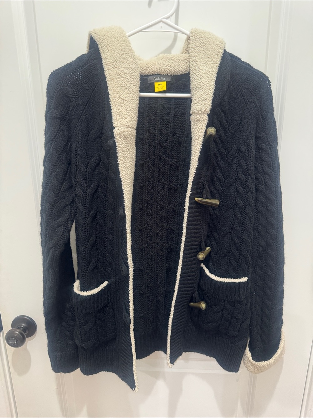 Cabela's Black Cable-Knit Cardigan with Cream Sherpa Trim